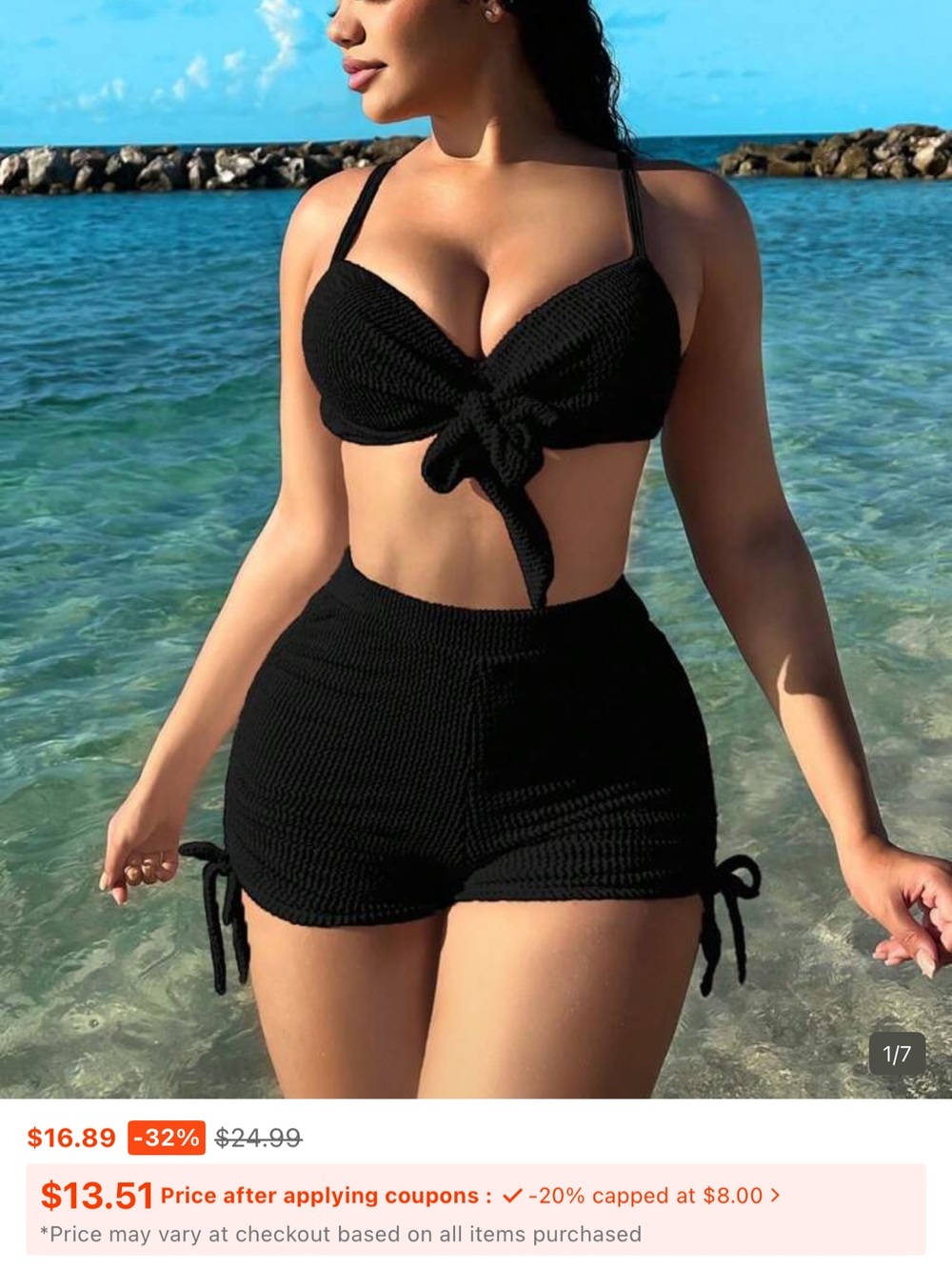 SHEIN Black Knitted Tie-Front Bikini Top with High-Waist Shorts